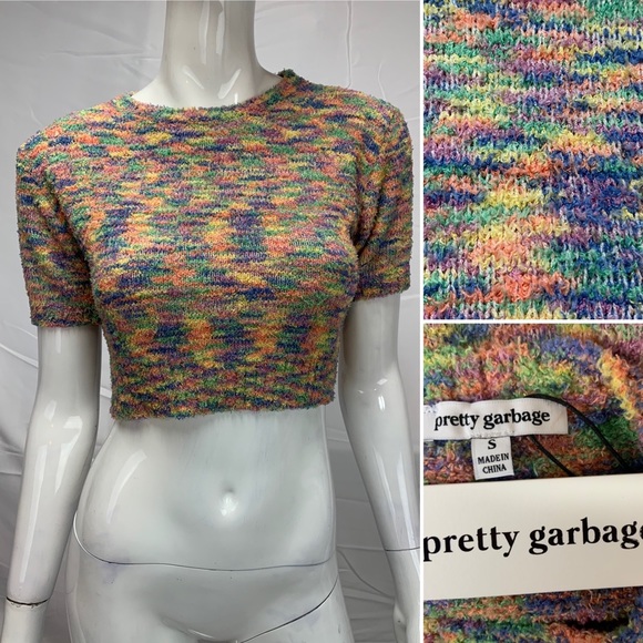 NWT $63 Pretty Garbage Fuzzy Plush Rainbow Short Sleeve Crop Sweater Top Small - Picture 6 of 8